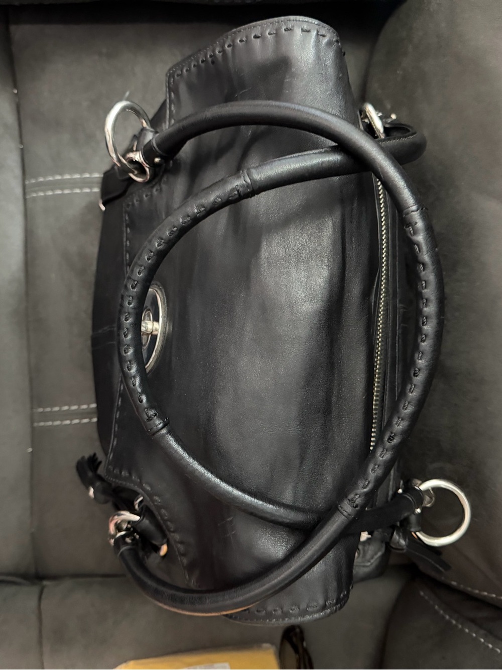 black leather Coach XL Hampton Tote featuring silver-tone hardware. - Picture 2 of 6